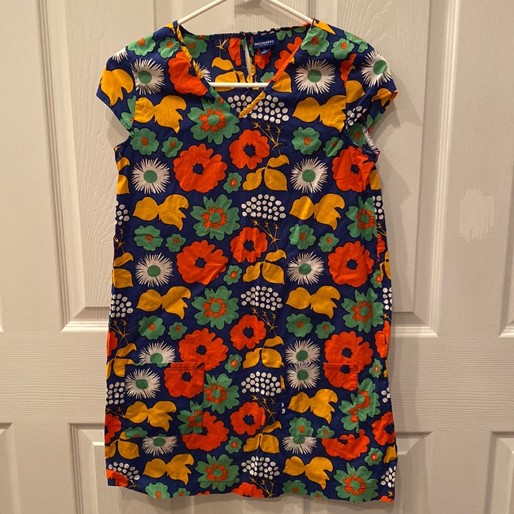 Marimekko floral print navy blue yellow green orange dress girls xl
